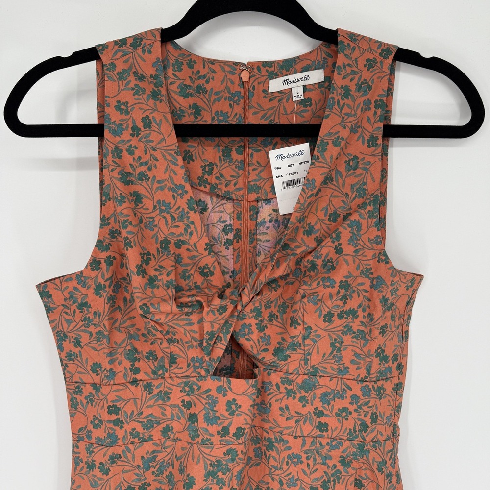 Madewell Dress Womens 2 Orange Green Floral Midi Tie Front Cutout V Neck Cotton - Picture 2 of 10